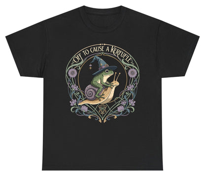 Off to Cause a Kerfuffle frog riding a snail Youth T-Shirt Black product mockup