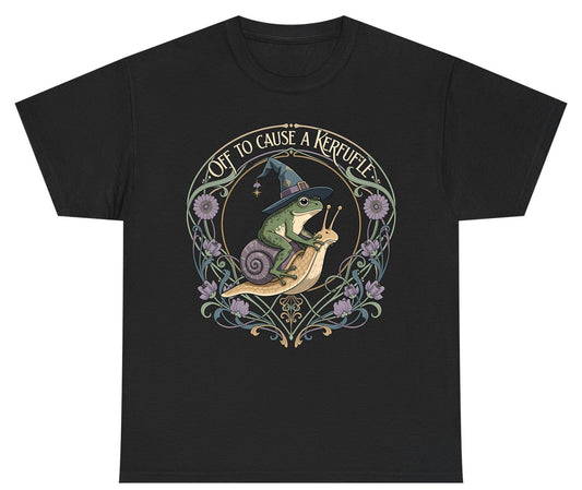 Off to Cause a Kerfuffle frog riding a snail Youth T-Shirt Black product mockup