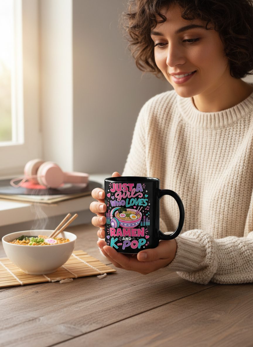 Just a Girl Who Loves Ramen and K-Pop and Ramen Black Mug - lifestyle model mockup - Black