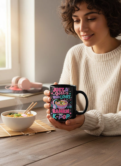 Just a Girl Who Loves Ramen and K-Pop and Ramen Black Mug - lifestyle model mockup - Black