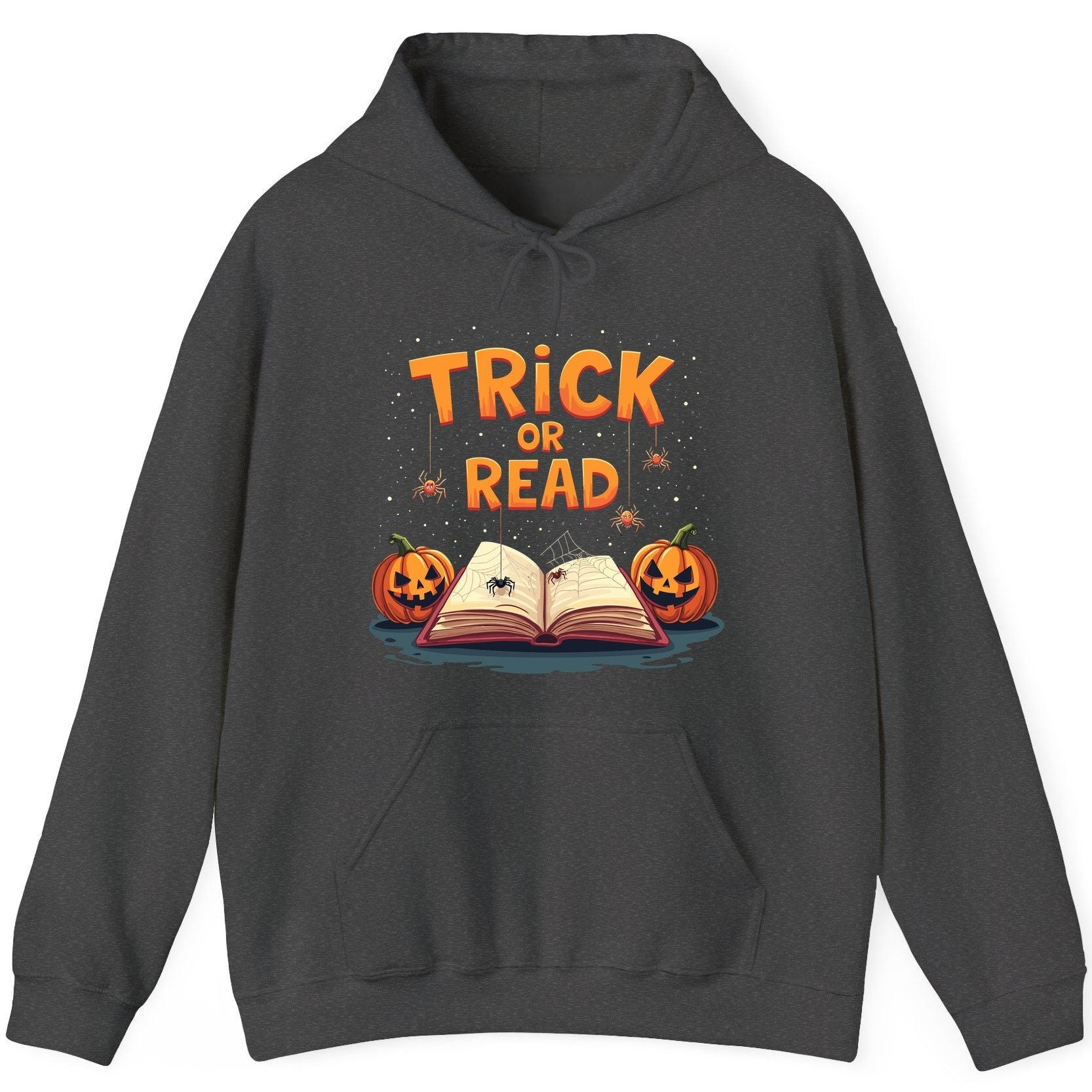 Trick or Read Halloween Hoodie Dark Heather product mockup