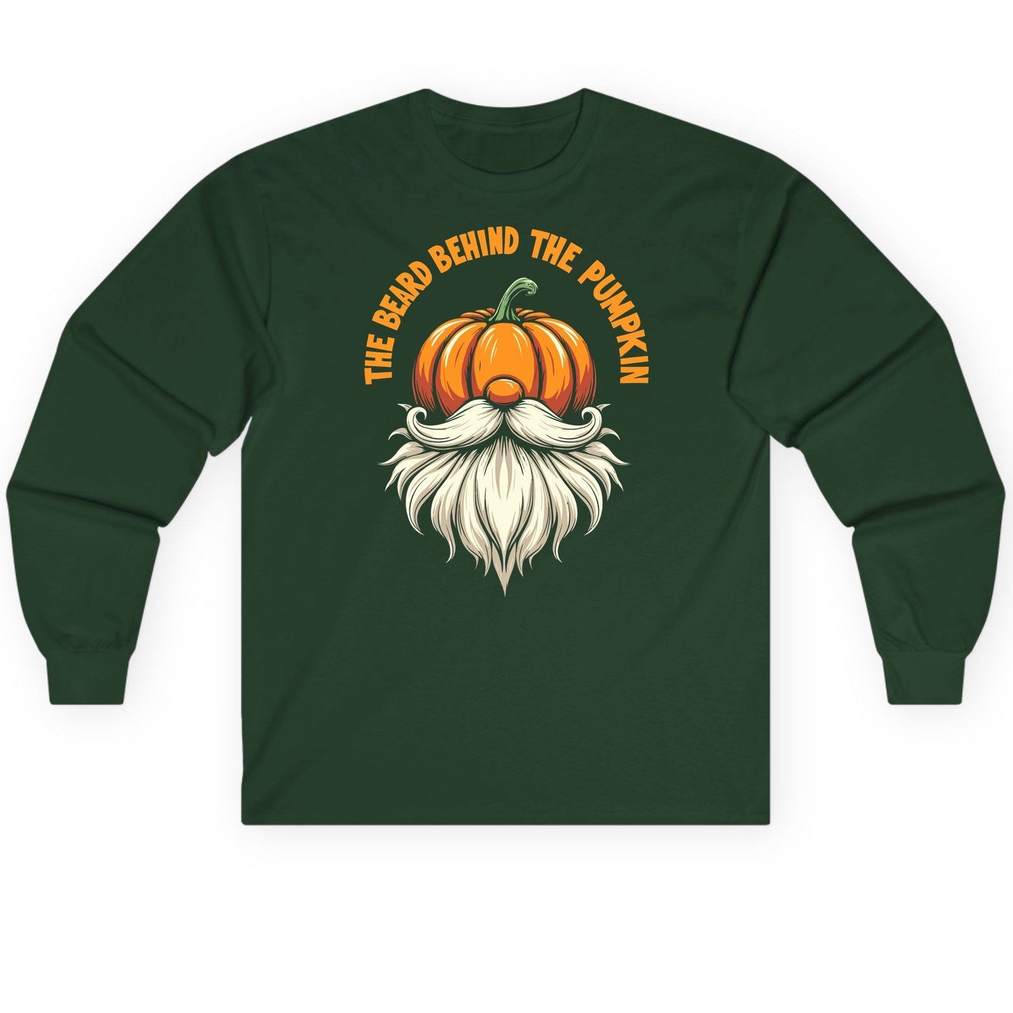 The Beard Behind the Pumpkin Halloween gnome Long Sleeve Tee Forest Green product mockup
