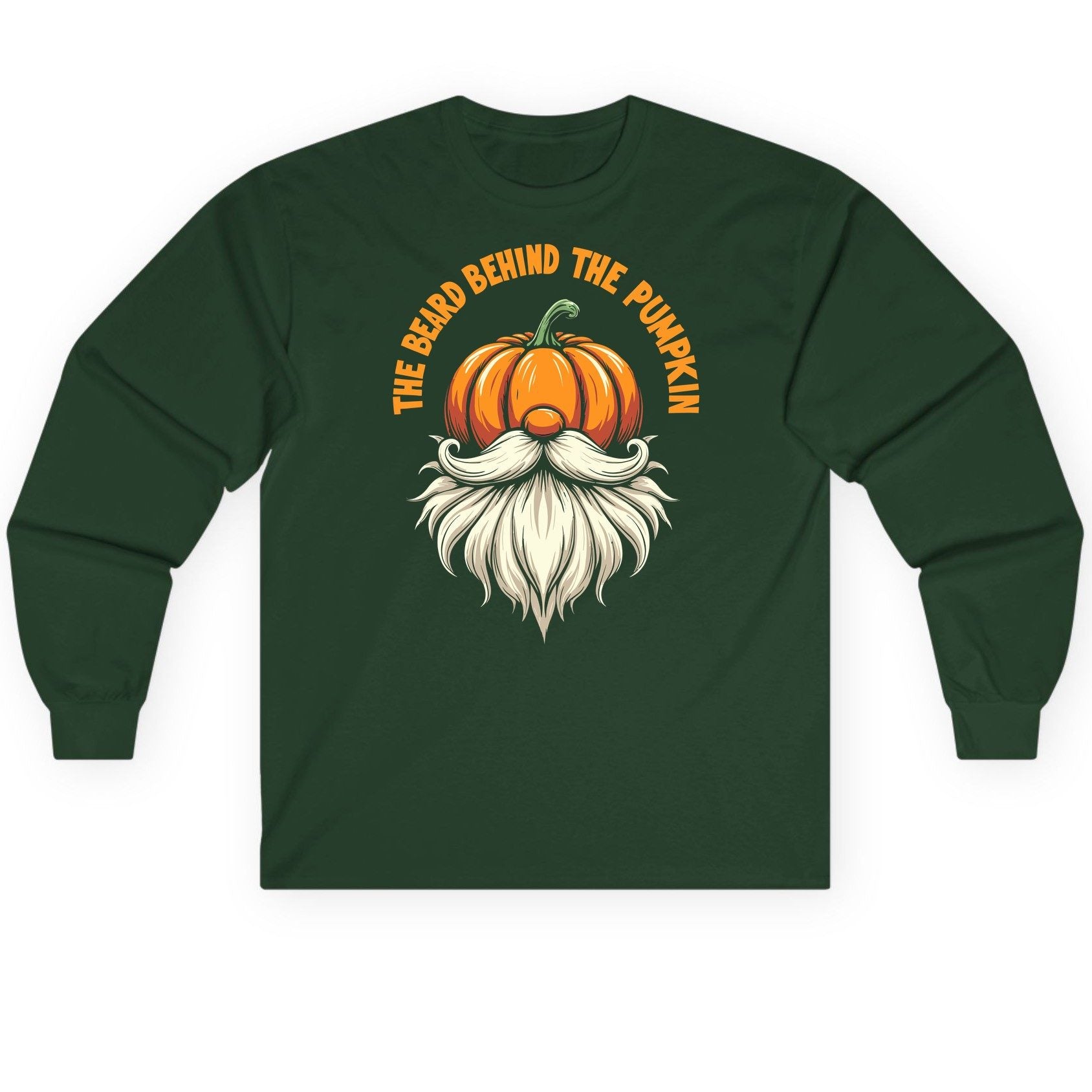 The Beard Behind the Pumpkin Halloween gnome Long Sleeve Tee Forest Green product mockup
