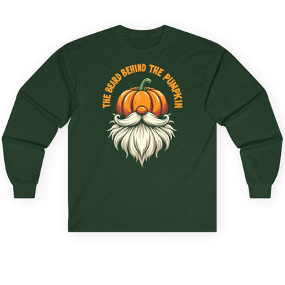 The Beard Behind the Pumpkin Halloween gnome Long Sleeve Tee Forest Green product mockup