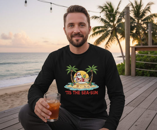 'Tis the Sea-Sun santa claus on a tropical vacation Long Sleeve Tee Black lifestyle mockup