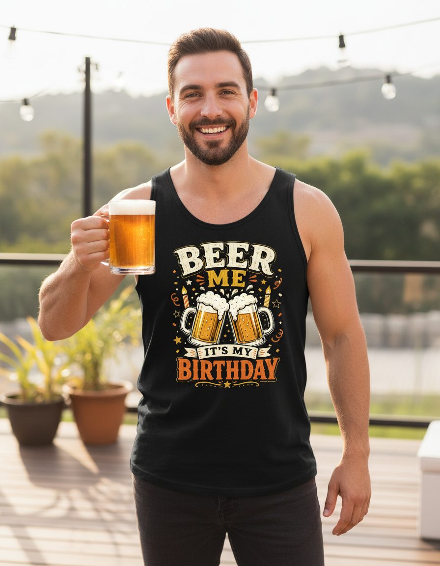 Beer Me It's My Birthday Funny Tank Top - lifestyle model mockup - Black