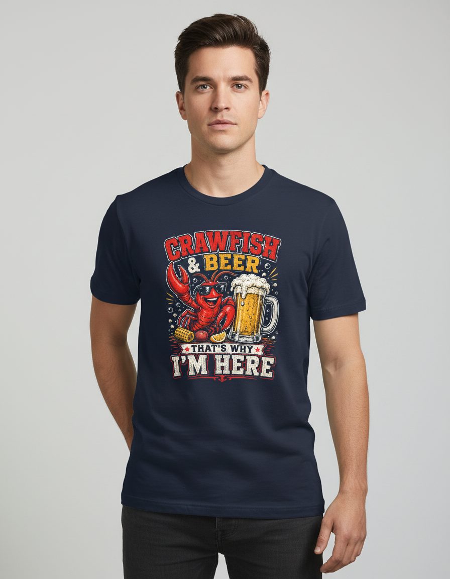 Crawfish & Beer That's Why I'm Here Funny Boil T-Shirt - product mockup - Navy