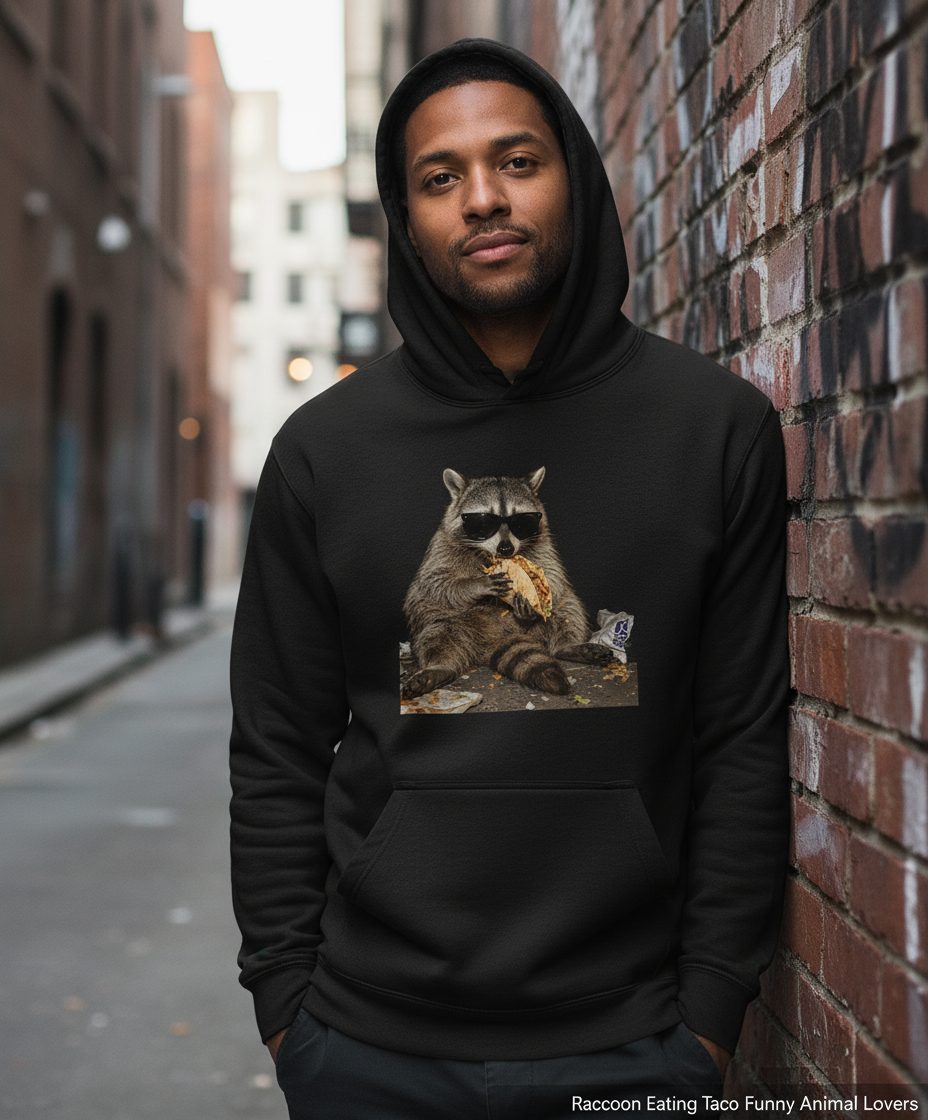 Raccoon Eating Taco Funny Animal Lovers Hoodie - lifestyle model mockup - Black
