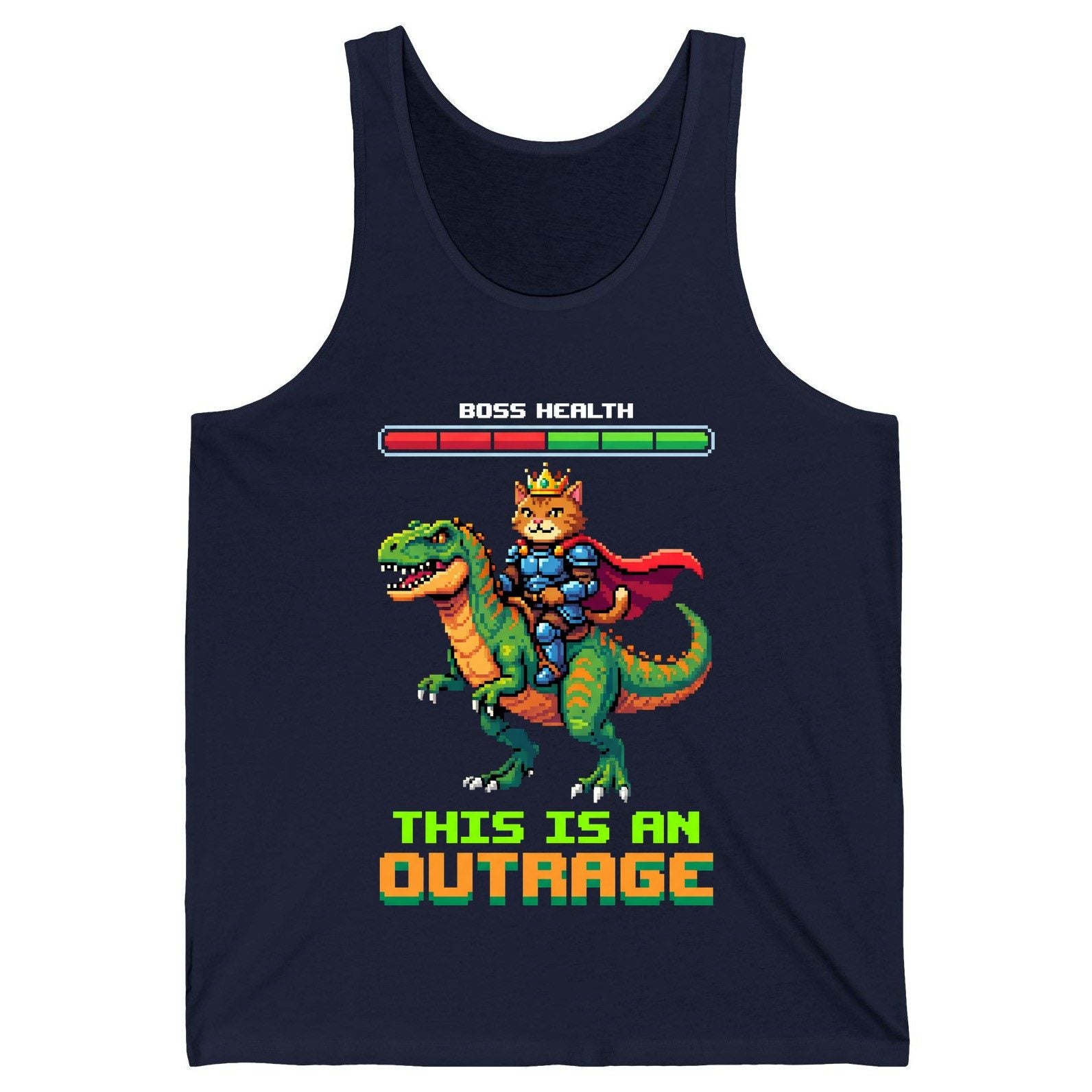 THIS IS AN OUTRAGE Cat riding a dinosaur Tank Top Navy product mockup