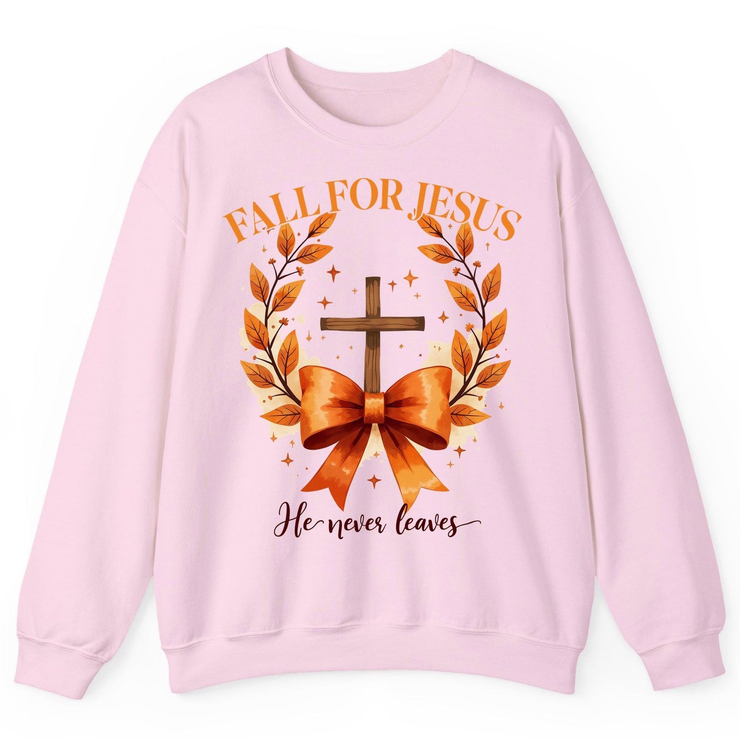 Fall for Jesus He Never Leaves christian faith Sweatshirt Light Pink product mockup