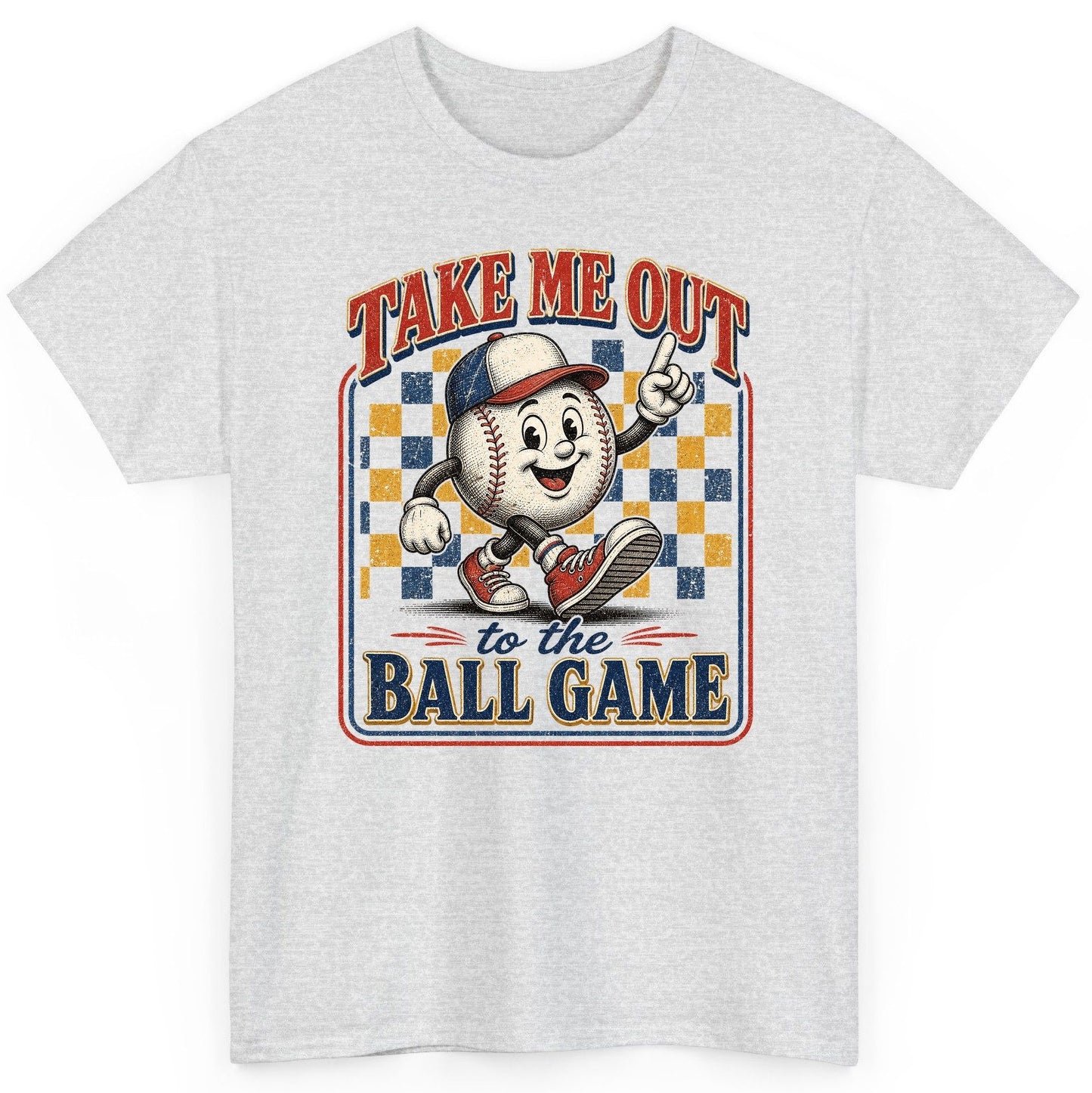 Take Me Out to the Ball Game Retro Baseball T-Shirt - product mockup - Ash