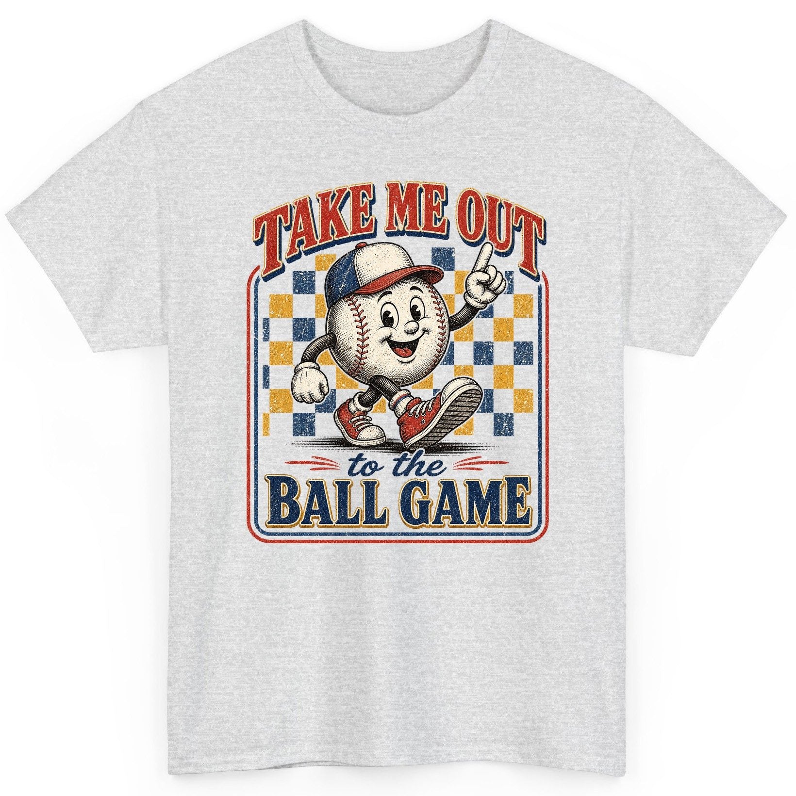 Take Me Out to the Ball Game Retro Baseball T-Shirt - product mockup - Ash