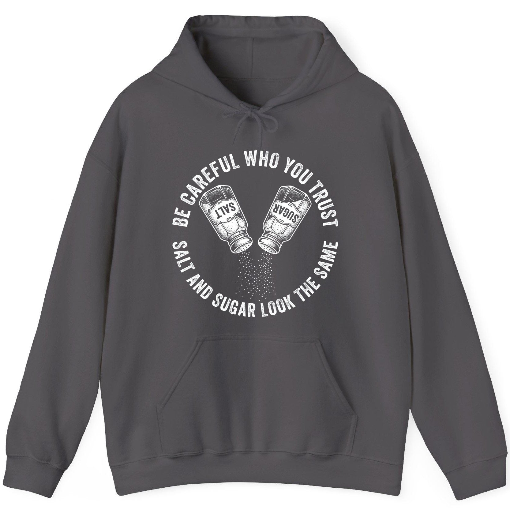 BE Careful WHO YOU TRUST SALT AND SUGAR LOOK THE SAME Hoodie - product mockup - Charcoal