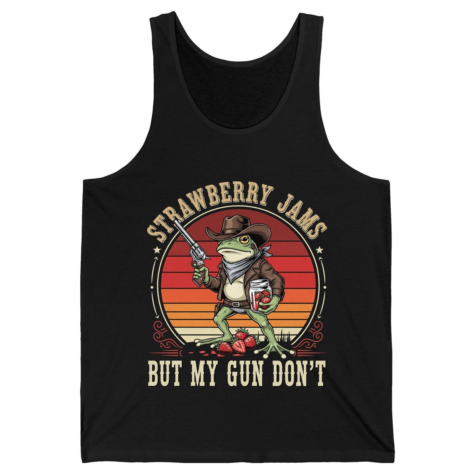 Strawberry Jams but My Gun Don't cowboy frog Tank Top Black product mockup