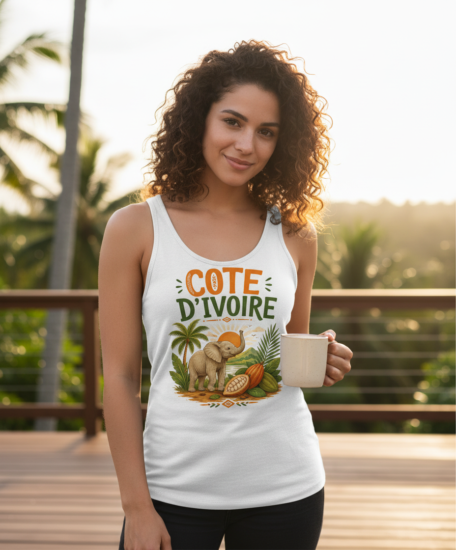 Cote D'Ivoire Elephant Travel Art Tank Top - lifestyle model mockup - White