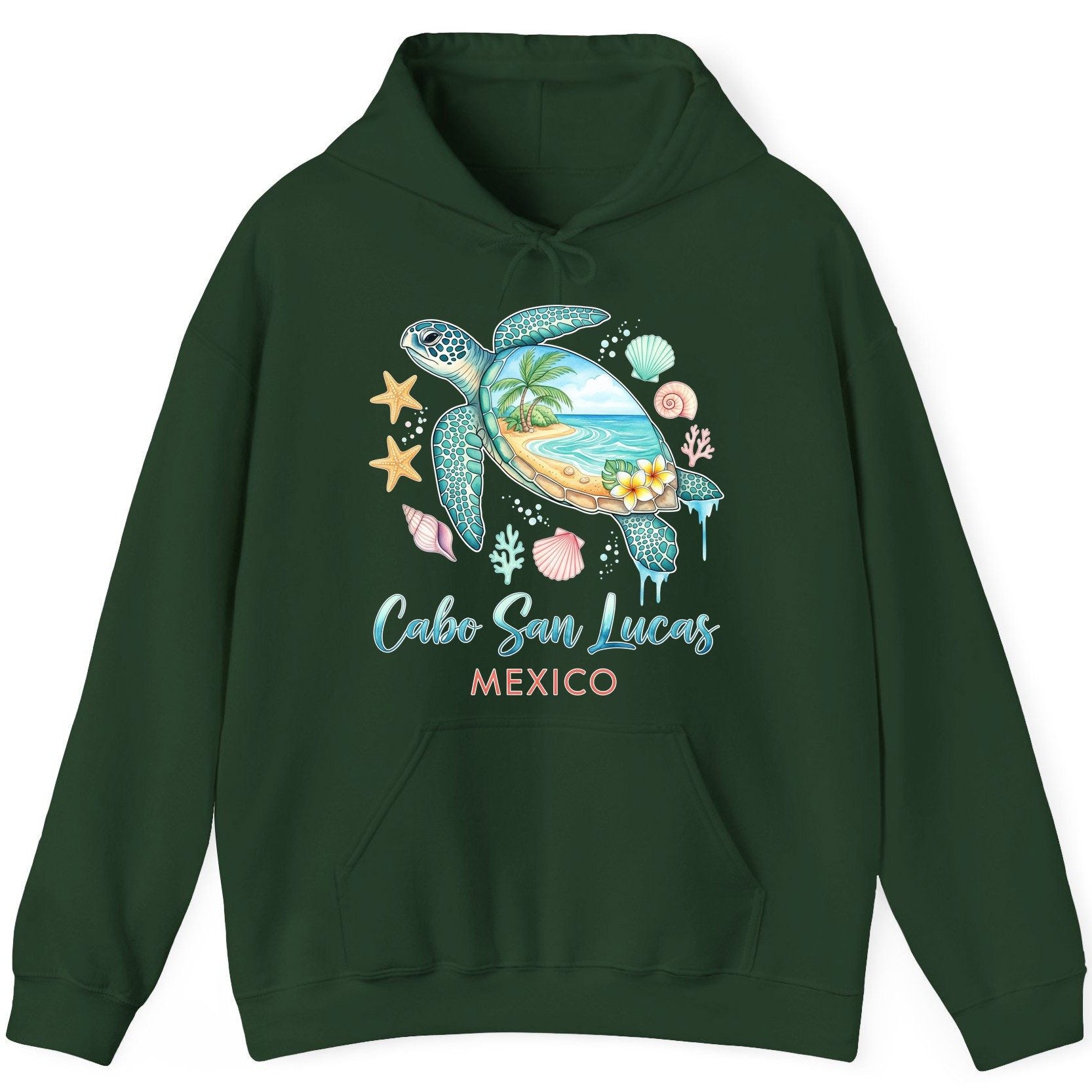 Cabo San Lucas Mexico sea turtle Hoodie Forest Green product mockup