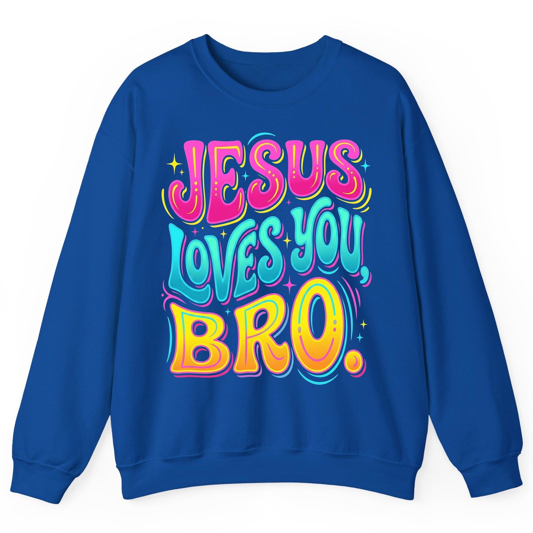 JESUS LOVES YOU BRO Retro Christian Sweatshirt - product mockup - Royal