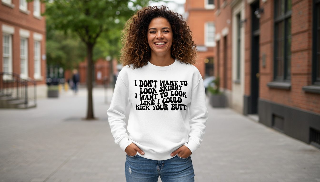 I Don't Want to Look Skinny I Want to Look Like I Could Kick Your Butt fitness motivation Sweatshirt White lifestyle mockup