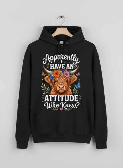 Apparently I Have An Attitude Highland Cow Floral Crown Hoodie - Black
