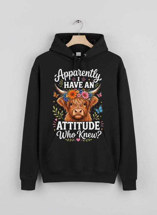 Apparently I Have An Attitude Highland Cow Floral Crown Hoodie - Black