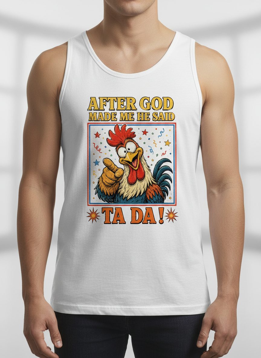 AFTER GOD MADE ME HE SAID TA DA Funny Rooster Tank Top - product mockup - White