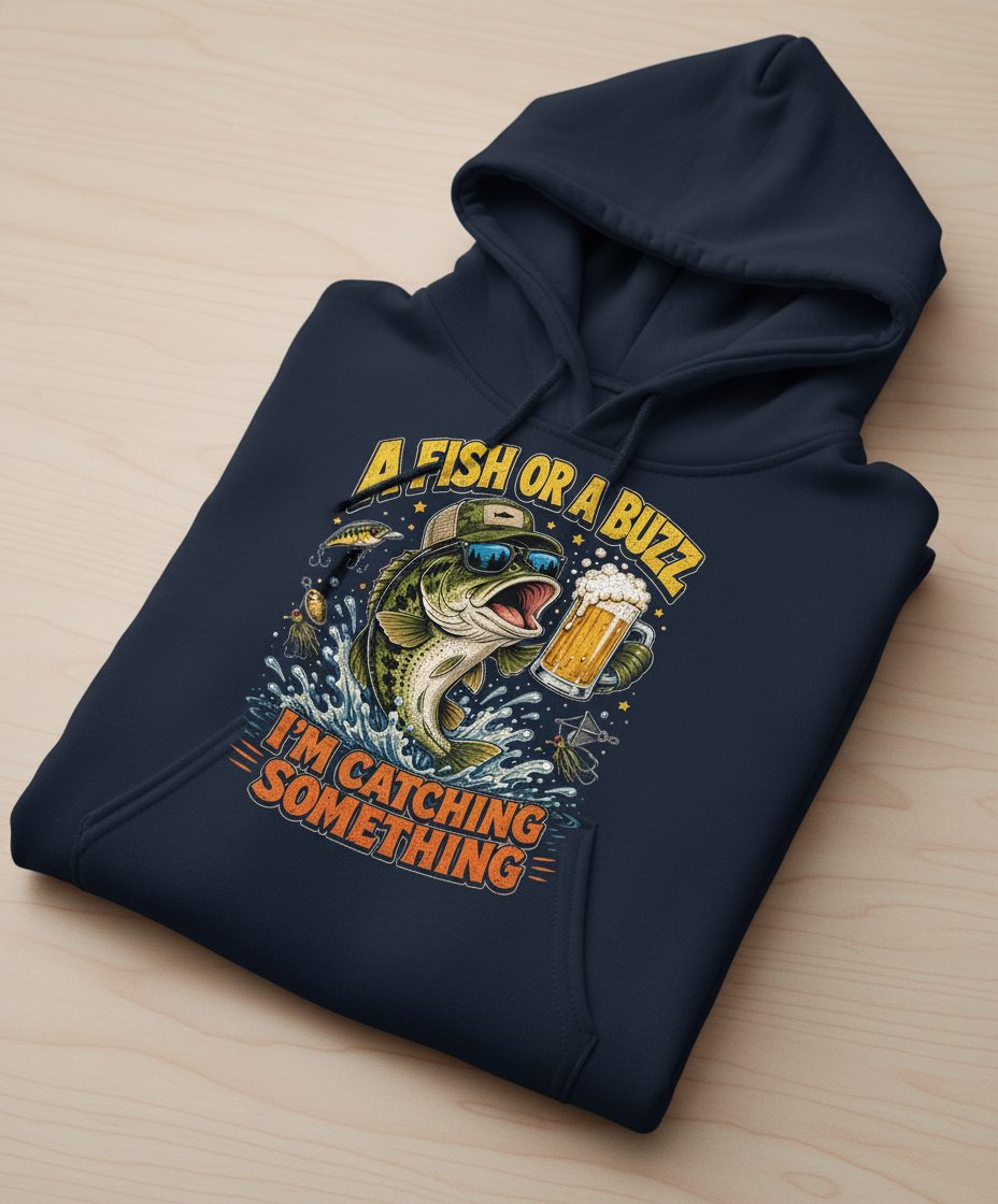 A Fish or a Buzz I'm Catching Something Funny Fishing Hoodie - product mockup - Navy