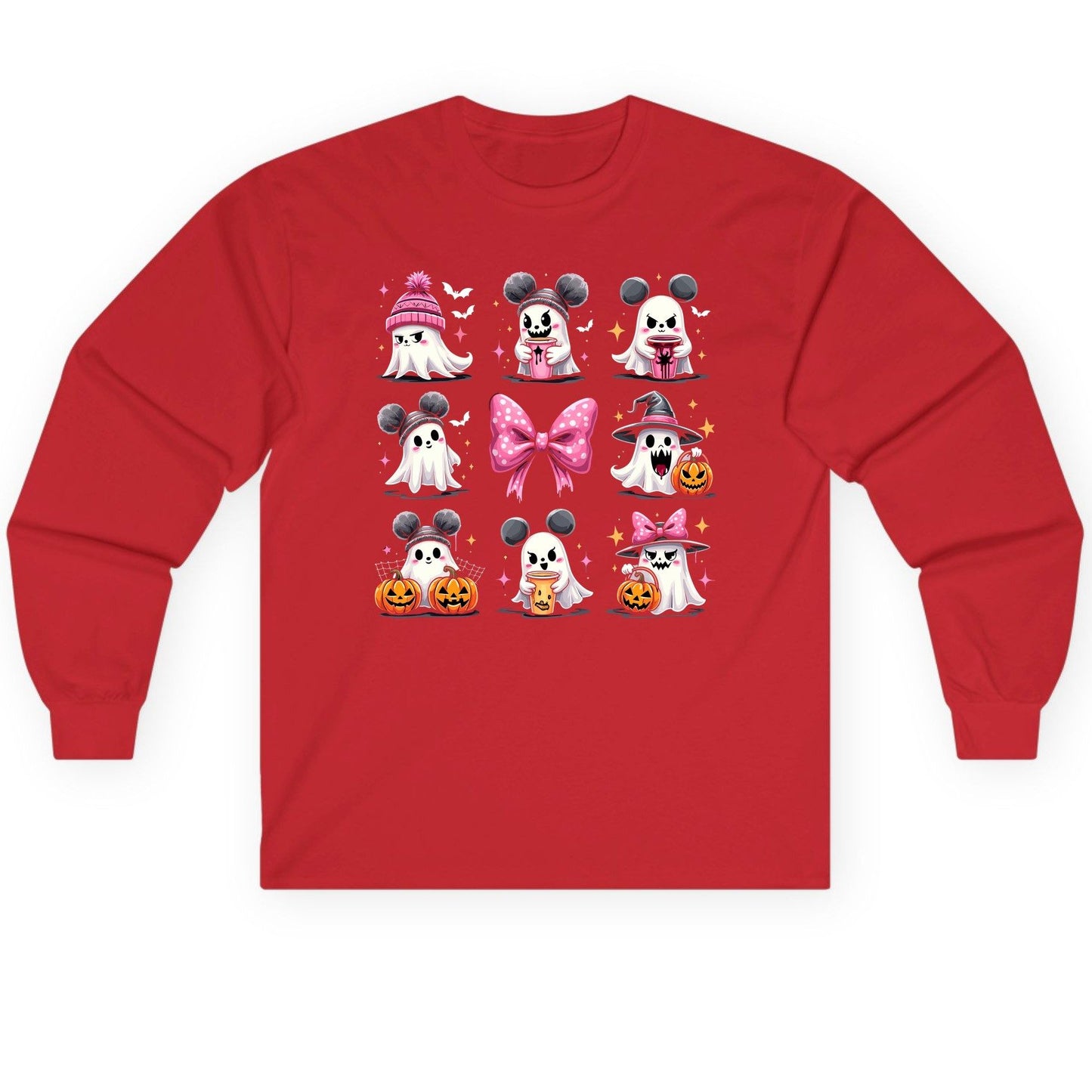 Cute Pink Halloween Ghosts Halloween ghosts Long Sleeve Tee Red product mockup