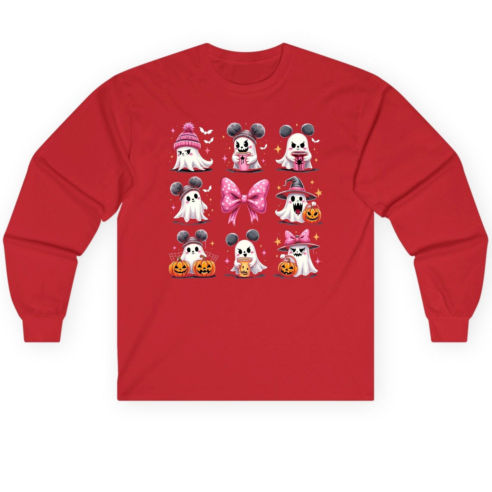 Cute Pink Halloween Ghosts Halloween ghosts Long Sleeve Tee Red product mockup