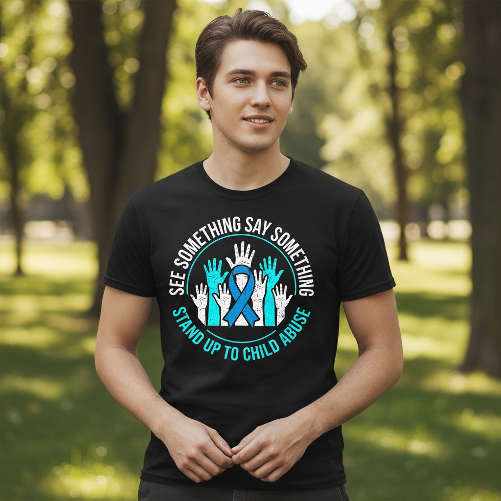 See Something Say Something Stand Up to Child Abuse Awareness T-Shirt - lifestyle model mockup - Black