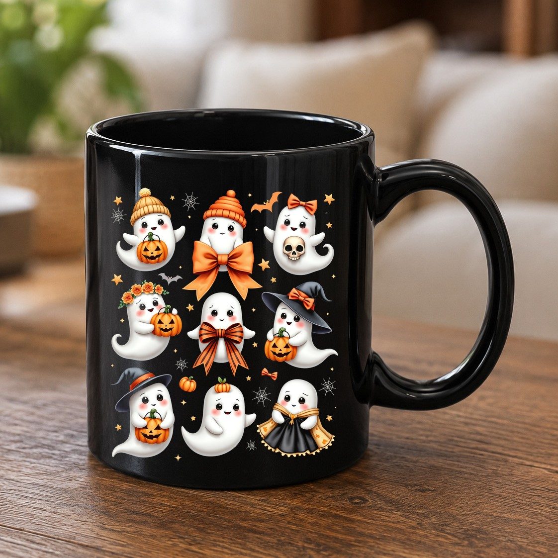 Cute Kawaii Ghosts Collection cute Halloween ghosts Black Mug Black product mockup
