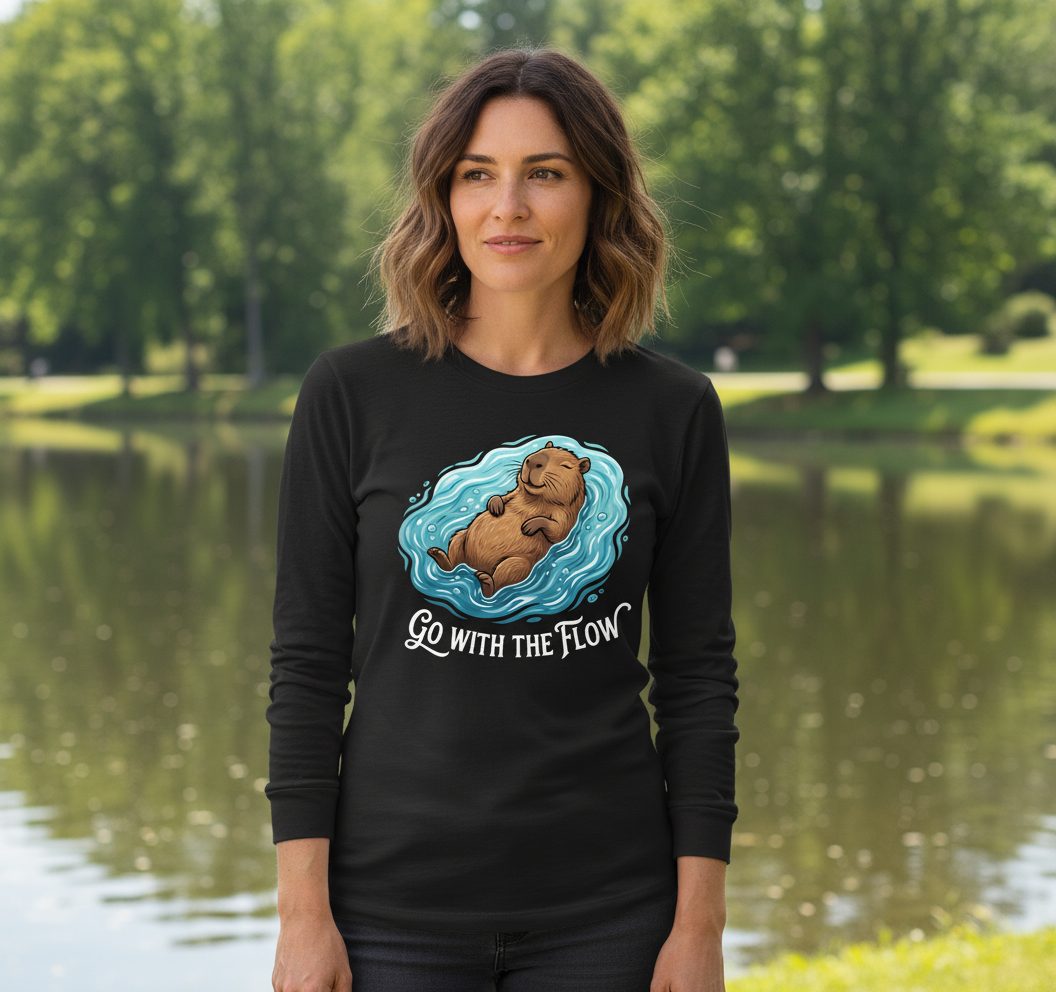 Go WITH THE Flow Funny Capybara Long Sleeve Tee - lifestyle model mockup - Black