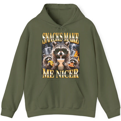 SNACKS MAKE ME NICER Funny Raccoon Hoodie - product mockup - Military Green