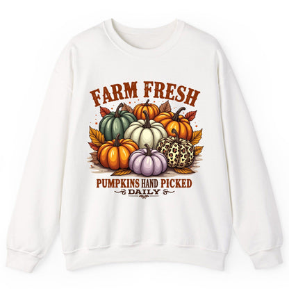 Farm Fresh Pumpkins Hand Picked Daily autumn pumpkins Sweatshirt White product mockup