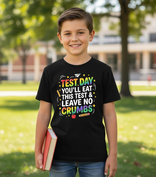 Test Day You'll Eat This Test & Leave No Crumbs Testing Youth T-Shirt - lifestyle model mockup - Black