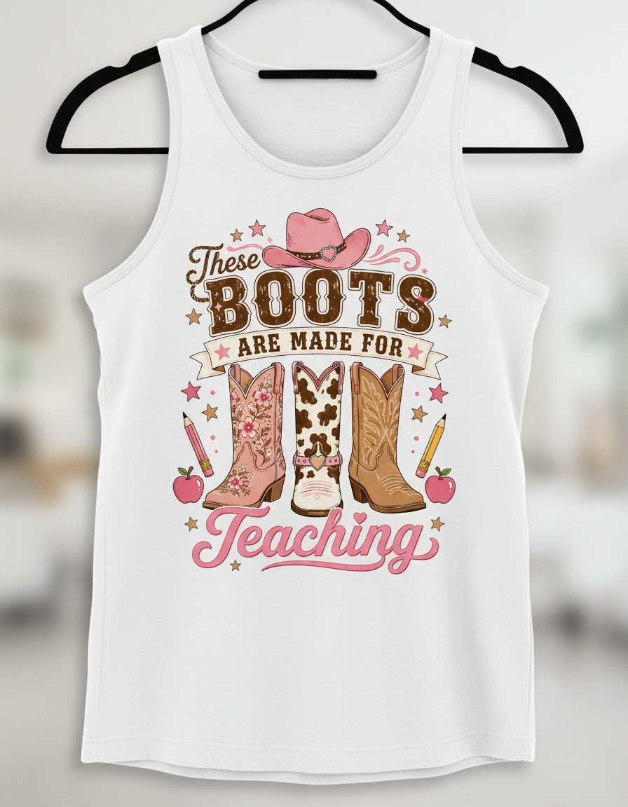 These Boots Are Made for Teaching Teacher Tank Top - product mockup - White