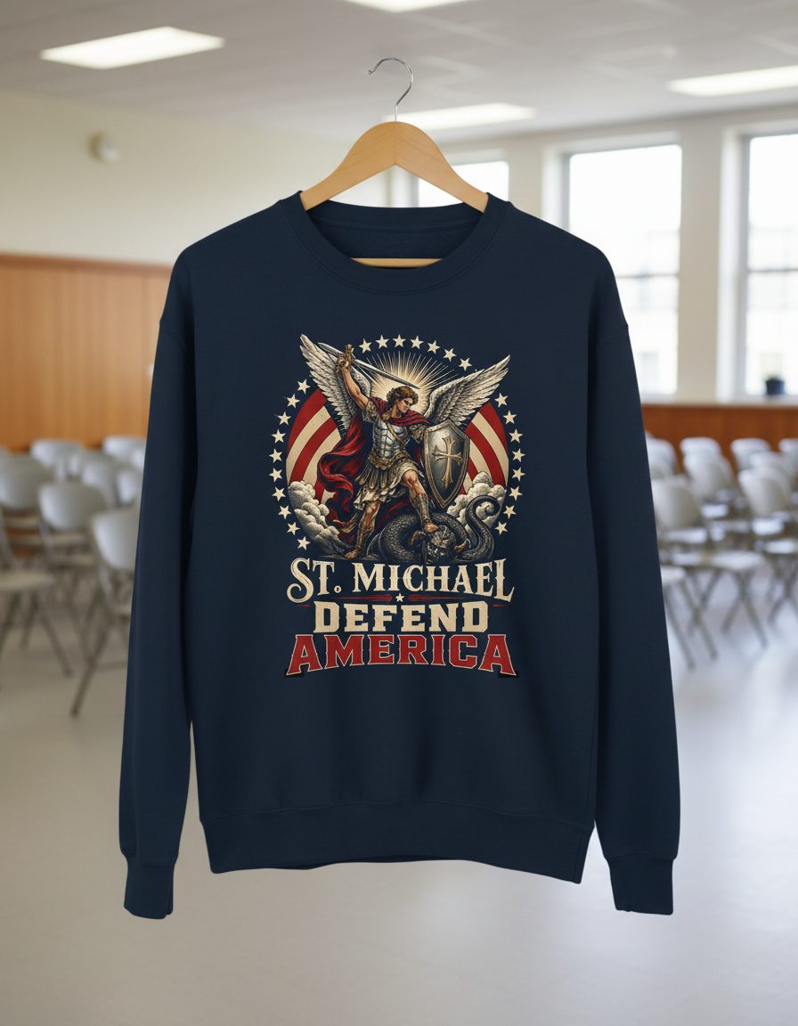 St Michael Defend America Patriotic Christian Sweatshirt - product mockup - Navy