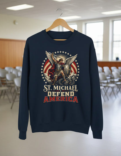 St Michael Defend America Patriotic Christian Sweatshirt - product mockup - Navy