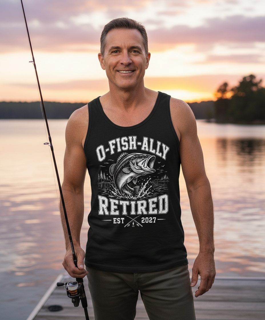 O-Fish-Ally Retired EST 2027 Funny Fishing Tank Top - lifestyle model mockup - Black