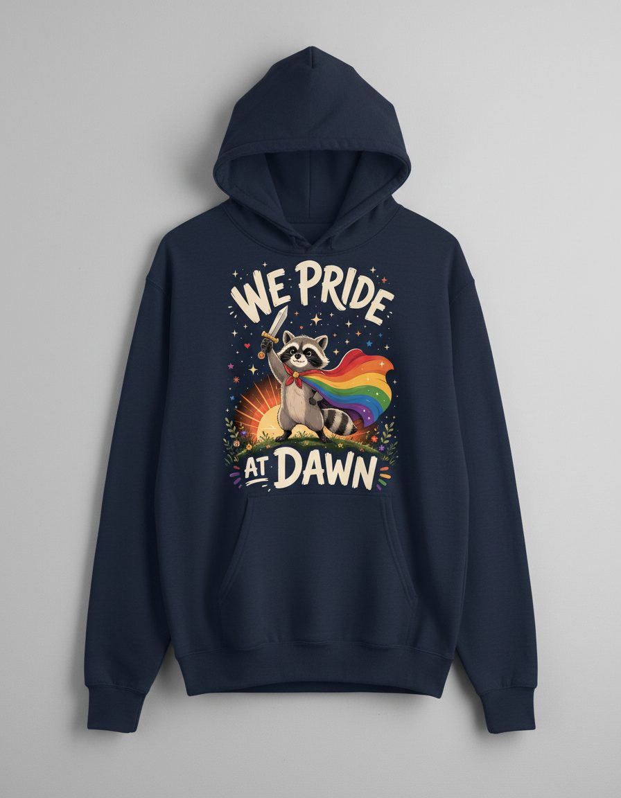 We Pride at Dawn Lgbtq Raccoon Hoodie - product mockup - Navy