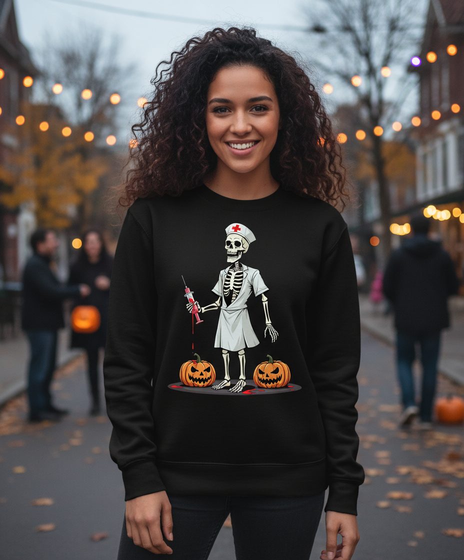 Spooky Skeleton Nurse Halloween skeleton nurse Sweatshirt Black lifestyle mockup