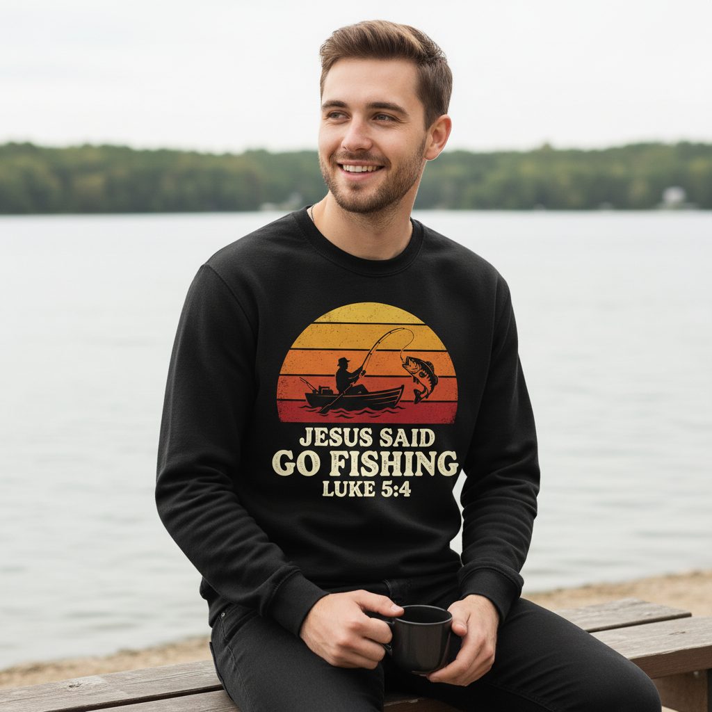 JESUS SAID GO Fishing LUKE 5 4 Retro Christian Sweatshirt - lifestyle model mockup - Black