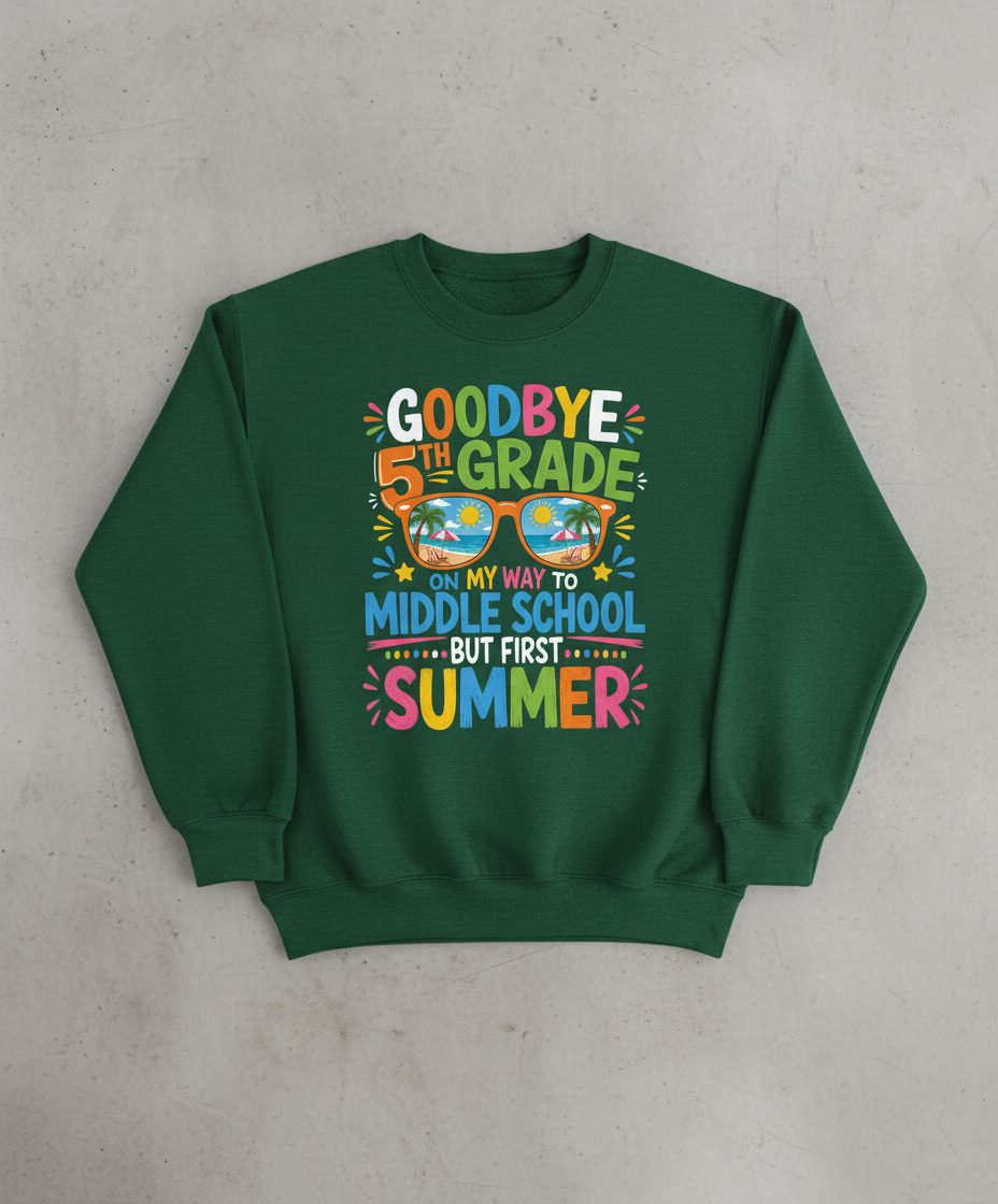 Goodbye 5th Grade on My Way to Middle School but First Sweatshirt - product mockup - Forest Green