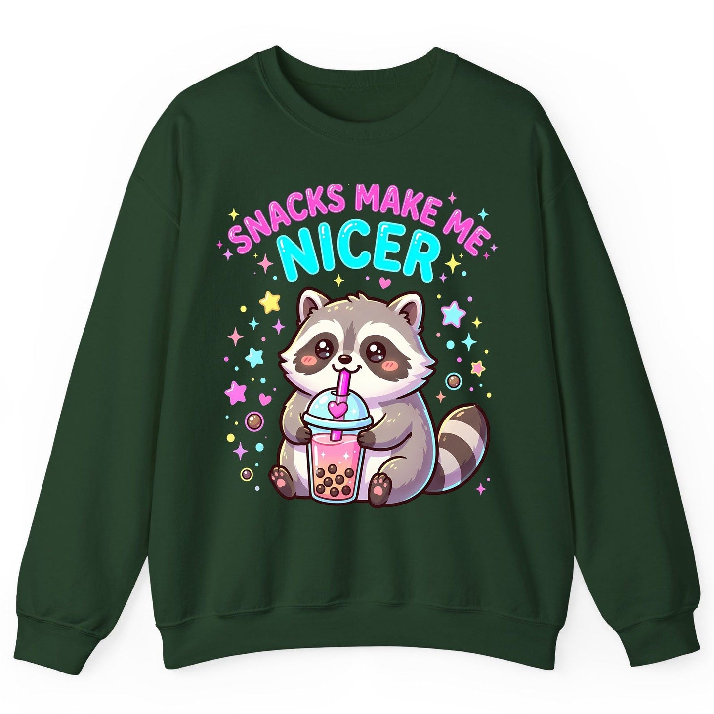 SNACKS MAKE ME NICER Funny Raccoon Sweatshirt - product mockup - Forest Green