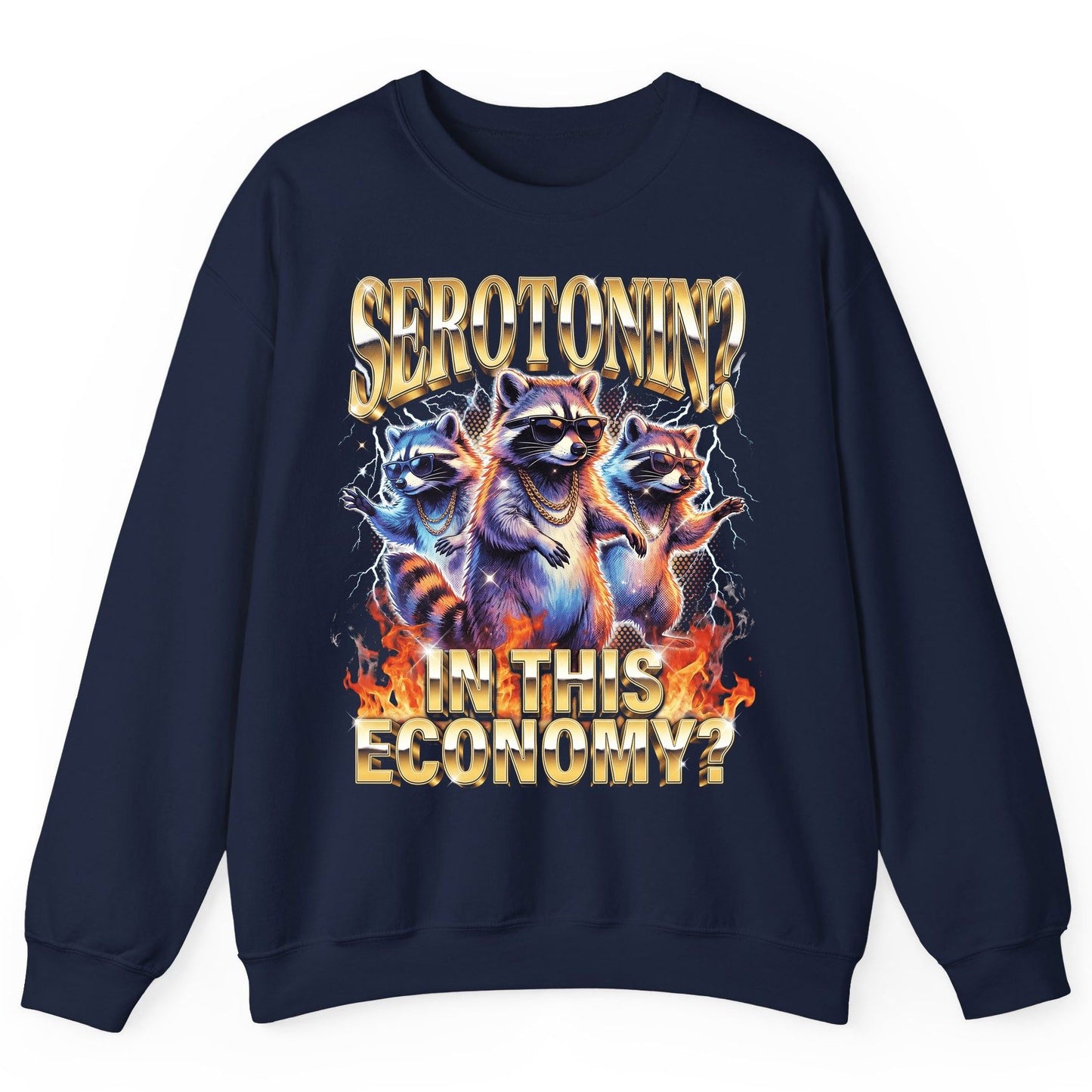 Serotonin in This Economy? raccoon Sweatshirt Navy product mockup