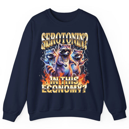 Serotonin in This Economy? raccoon Sweatshirt Navy product mockup