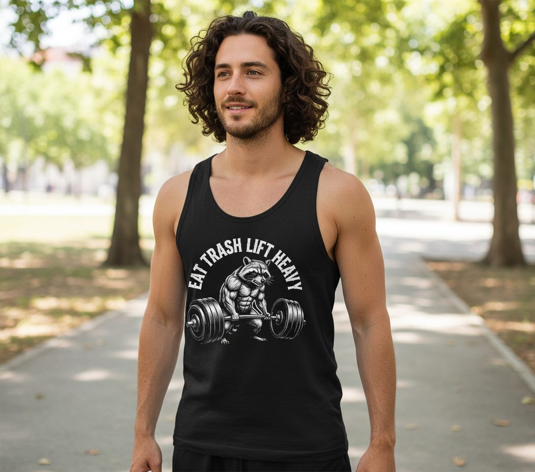 Eat Trash Lift Heavy raccoon Tank Top Black lifestyle mockup