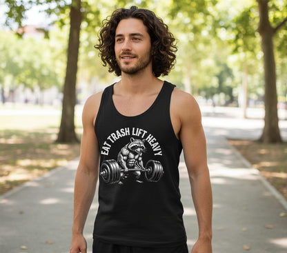Eat Trash Lift Heavy raccoon Tank Top Black lifestyle mockup
