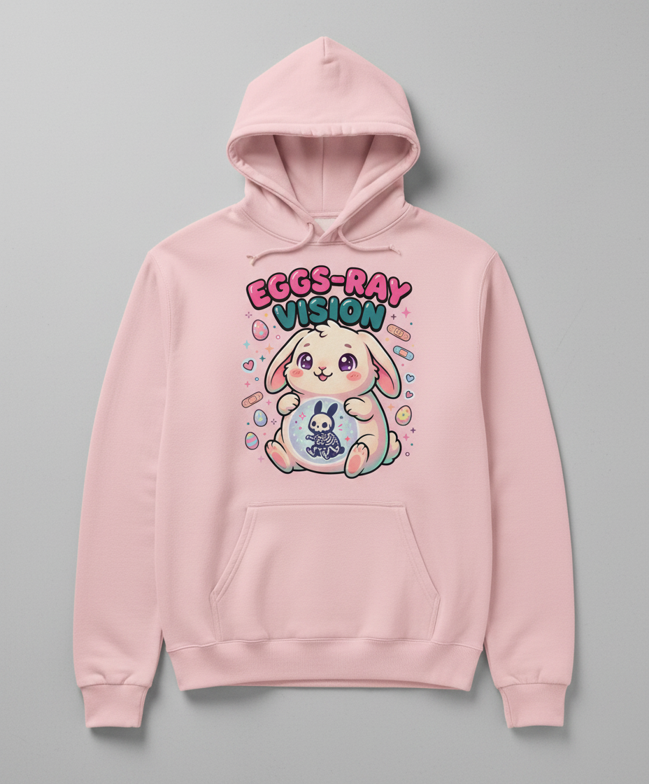 Eggs-Ray Vision Kawaii Easter Bunny Skeleton Hoodie - Light Pink