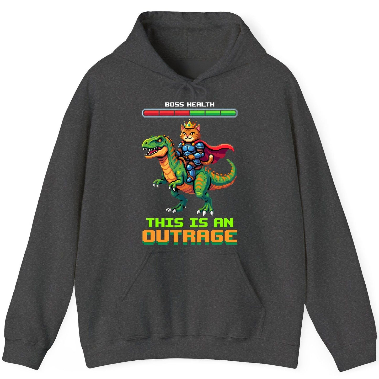 THIS IS AN OUTRAGE Cat riding a dinosaur Hoodie Dark Heather product mockup