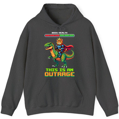 THIS IS AN OUTRAGE Cat riding a dinosaur Hoodie Dark Heather product mockup